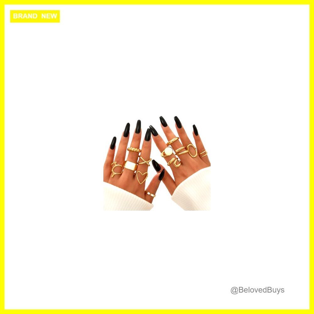 12-Piece Gold Stackable Ring Set, Adjustable Chunky Signet Bands